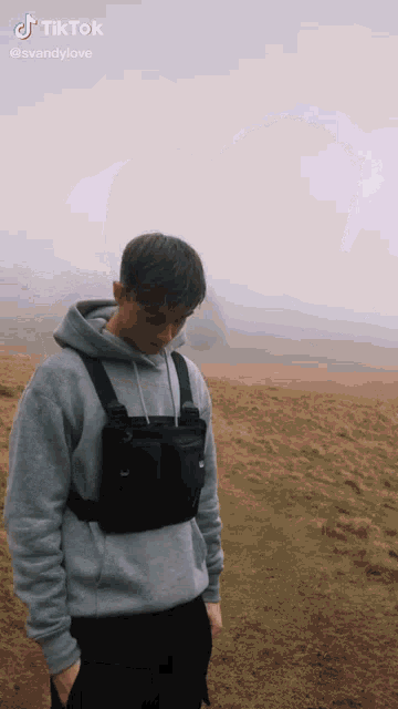 a man wearing a gray hoodie and a black chest bag stands in a field .