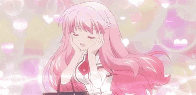 a girl with long pink hair is holding a purse and smiling with her eyes closed .