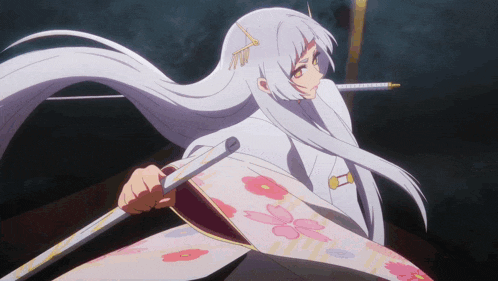 a girl with long white hair is holding a sword in her right hand