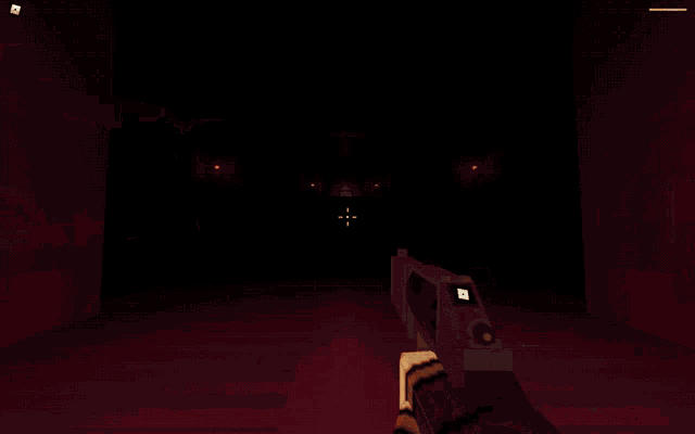 a person holding a gun in a video game with a bunch of glowing blocks in the background