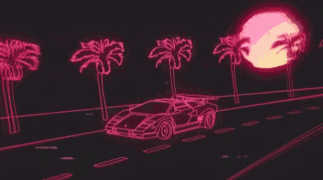 a neon car is driving down a road with palm trees and the sun behind it .