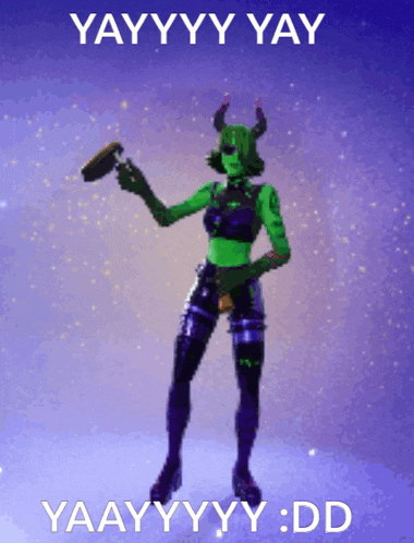 a picture of a woman with horns and the words yay yay