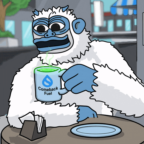 a cartoon of a yeti drinking from a cup that says comeback fuel