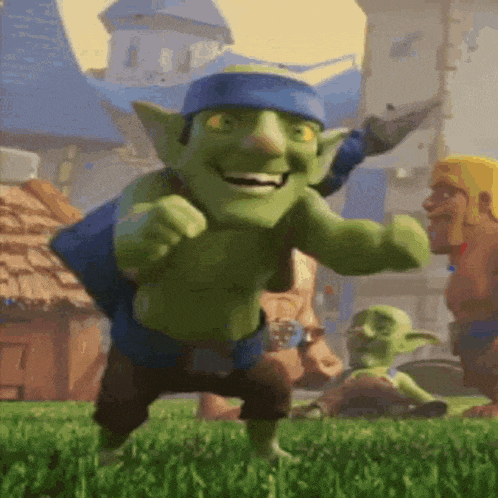 a cartoon goblin with a blue headband is standing in the grass .