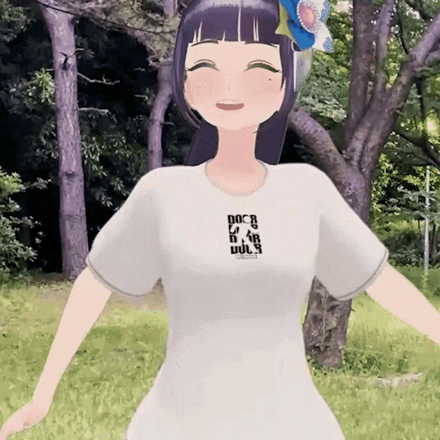 a girl wearing a white shirt that says doc b war doll