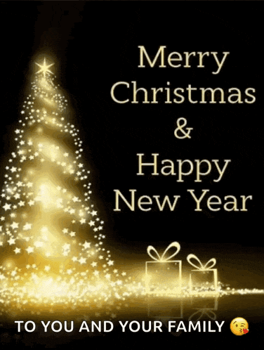 a merry christmas and happy new year card with a gold christmas tree