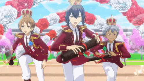 a group of anime characters are running in front of a floral arch .