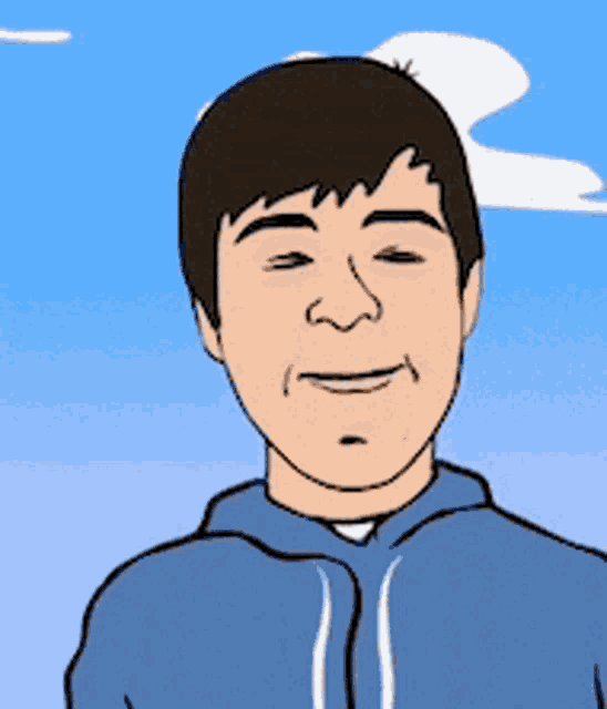 a man wearing a blue hoodie is smiling with his eyes closed
