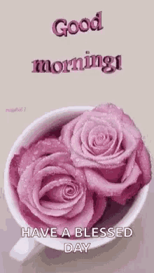 a cup of pink roses with the words `` good morning ! have a blessed day '' .