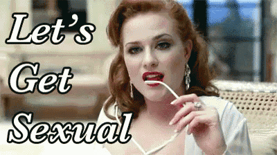 a woman with red lips is holding a pair of glasses in her mouth with the words let 's get sexual below her