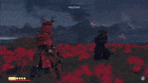 a blurred image of a person in a field with mountains in the background