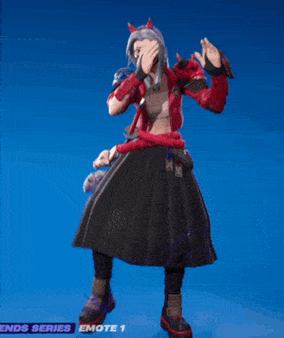 a video game character with a red jacket and black skirt
