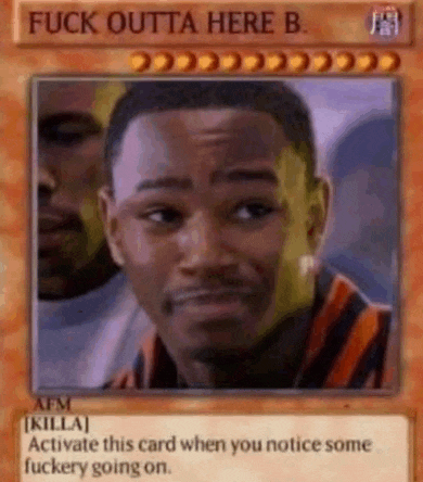 a man is standing in front of a card that says `` fuck outta here b. ''