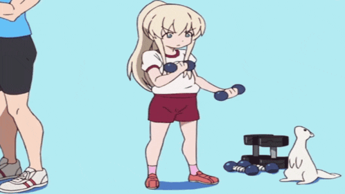 a cartoon of a girl lifting dumbbells and a seal