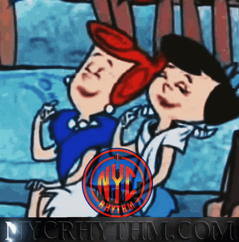 a couple of cartoon characters sitting next to each other with nyc rhythm in the corner