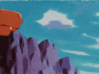 a close up of a cartoon character 's face against a blue sky