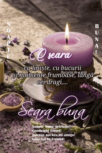 a purple candle is on a white plate with flowers and a goodnight message