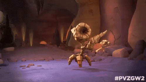 a cartoon character is standing in a cave with a purple background and the words pvzgw2 on the bottom .