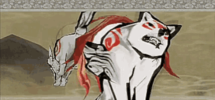 a cartoon of a wolf with a red tail standing next to a horse .
