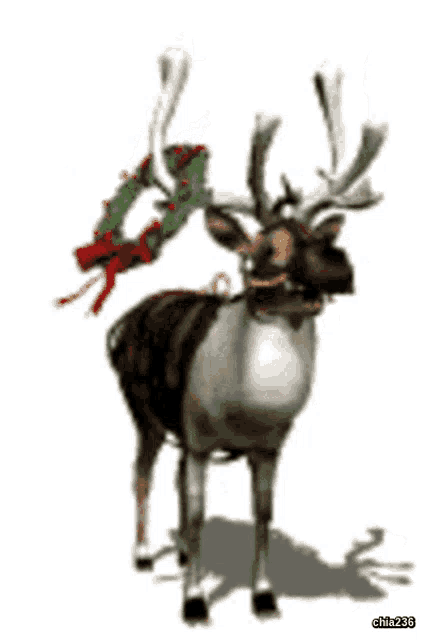 a reindeer with a christmas wreath on its antlers by chila236