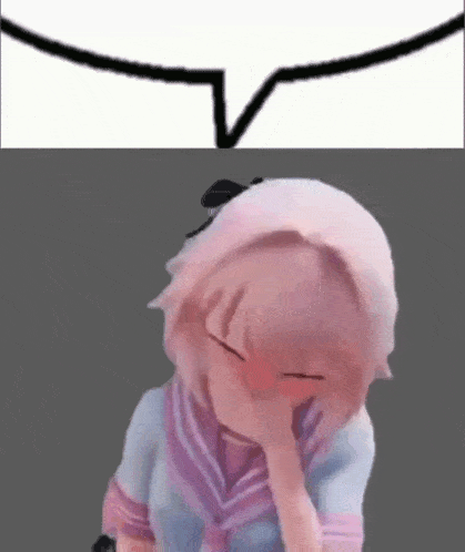 a girl with pink hair is covering her face with her hand and a speech bubble .