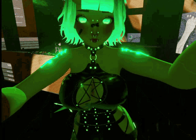 a girl with green eyes and a pentagram on her top