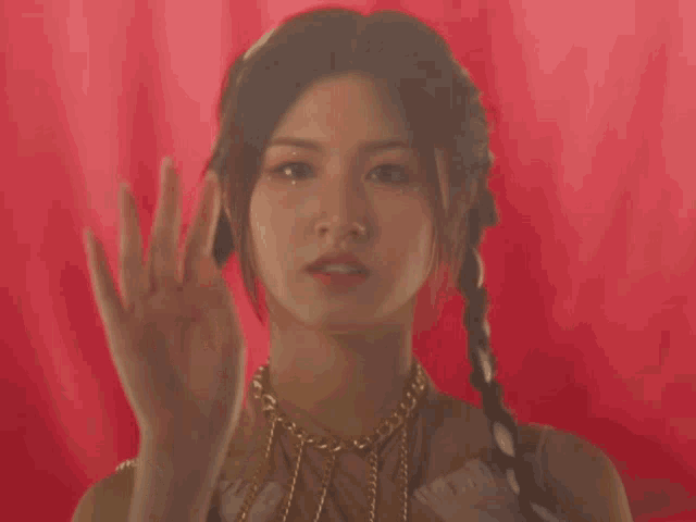 a woman wearing a braided hairstyle and a gold chain around her neck