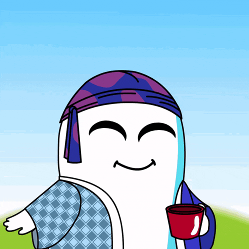 a cartoon character wearing a purple headband and holding a red cup