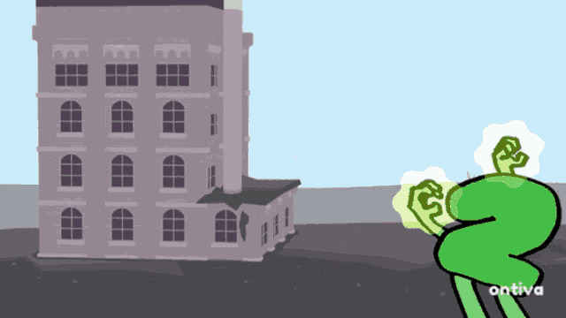a cartoon of a green frog standing in front of a building that says antiva