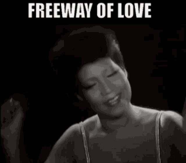 a black and white photo of a woman with the words freeway of love on the bottom