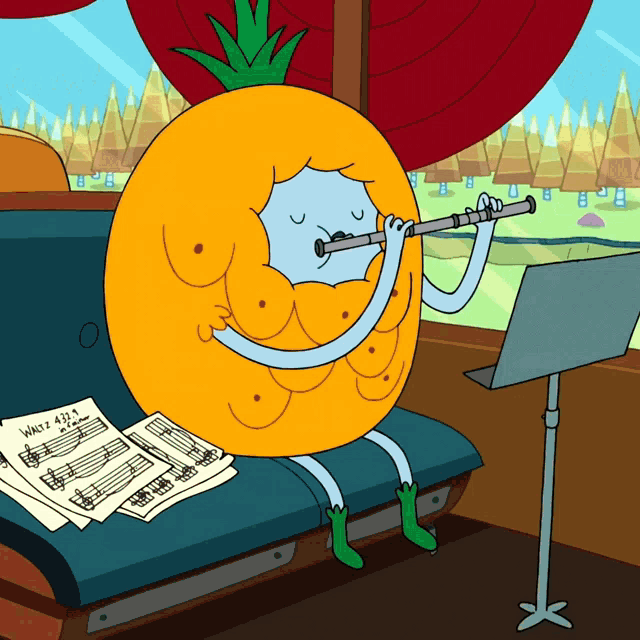 a cartoon pineapple is playing a flute while sitting on a bench next to sheet music