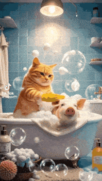 a cat is washing a pig in a bathtub with bubbles coming out of it