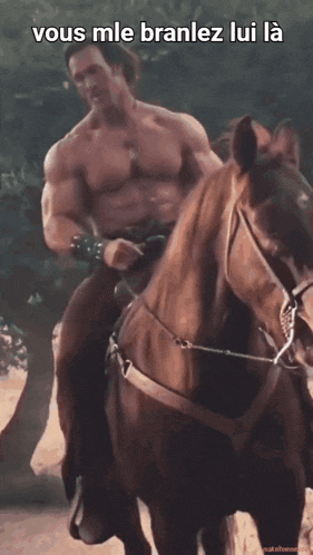 a man without a shirt is riding a horse with the caption vous me branlez lui la