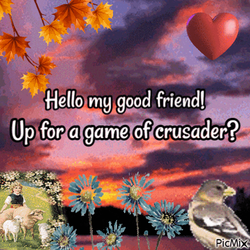 a picture that says hello my good friend up for a game of crusader ?