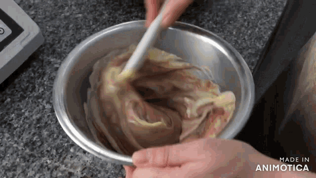 a person is mixing something in a metal bowl with the words made in animotica written on the bottom