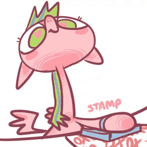 a cartoon drawing of a pink dragon holding a box that says xoxo on it