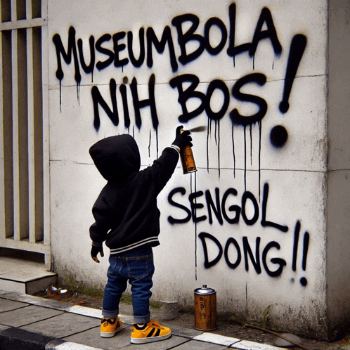 a little boy spray paints graffiti on a wall that says museumbola nih bos