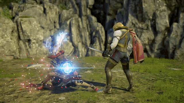a man with a sword is fighting another man with a shield in a video game
