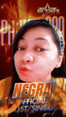 a woman is making a face in front of a sign that says negra official st / singer