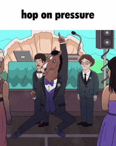 a cartoon of a horse in a tuxedo with the words hop on pressure below him