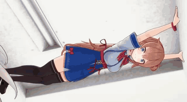 a girl in a blue and white dress is leaning against a wall with her arms outstretched .
