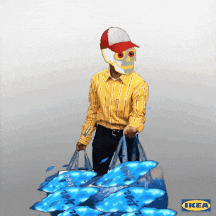 a man wearing a skull mask is carrying a bag of fish with ikea written on the bottom