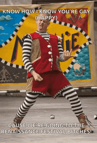 a man in striped pants and a red vest is dancing in front of a sign that says ' marie '