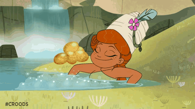 a cartoon of a girl taking a bath with a pile of potatoes