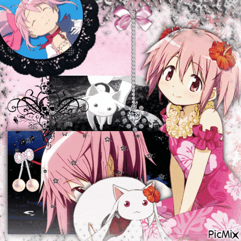 a picture of a girl with pink hair and a white cat with picmix written on it