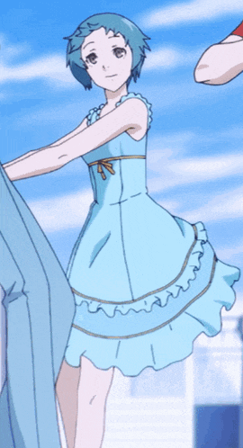 a girl with blue hair and a blue dress