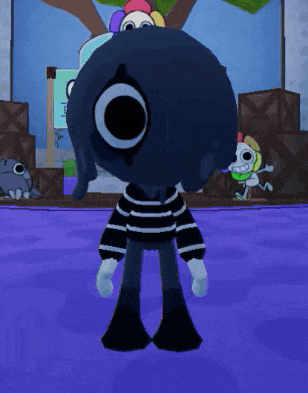 a cartoon character is standing on a purple floor