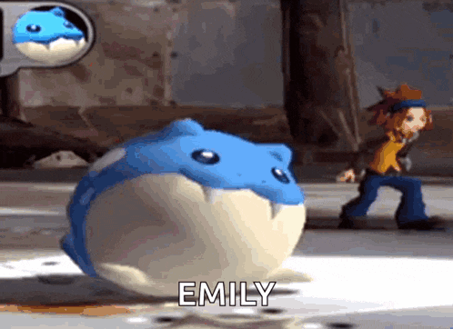 a cartoon character is standing next to a blue and white stuffed animal that says emily .