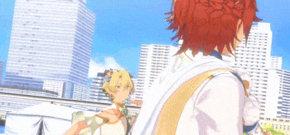 a couple of anime characters are standing in front of a city
