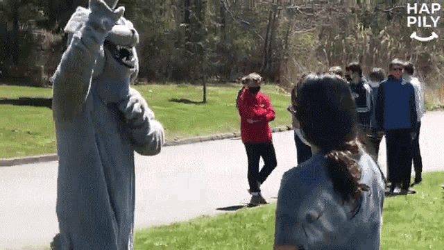 a group of people wearing face masks are standing in a park with hap pily written on the bottom